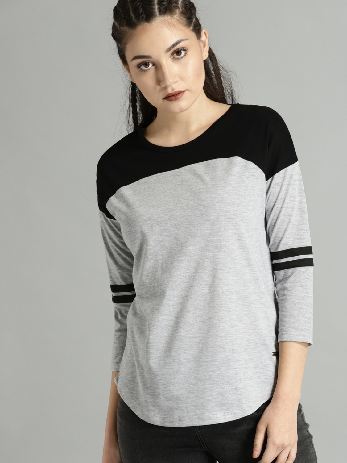 Image of Roadster Colorblock Women Round Neck Grey T-Shirt