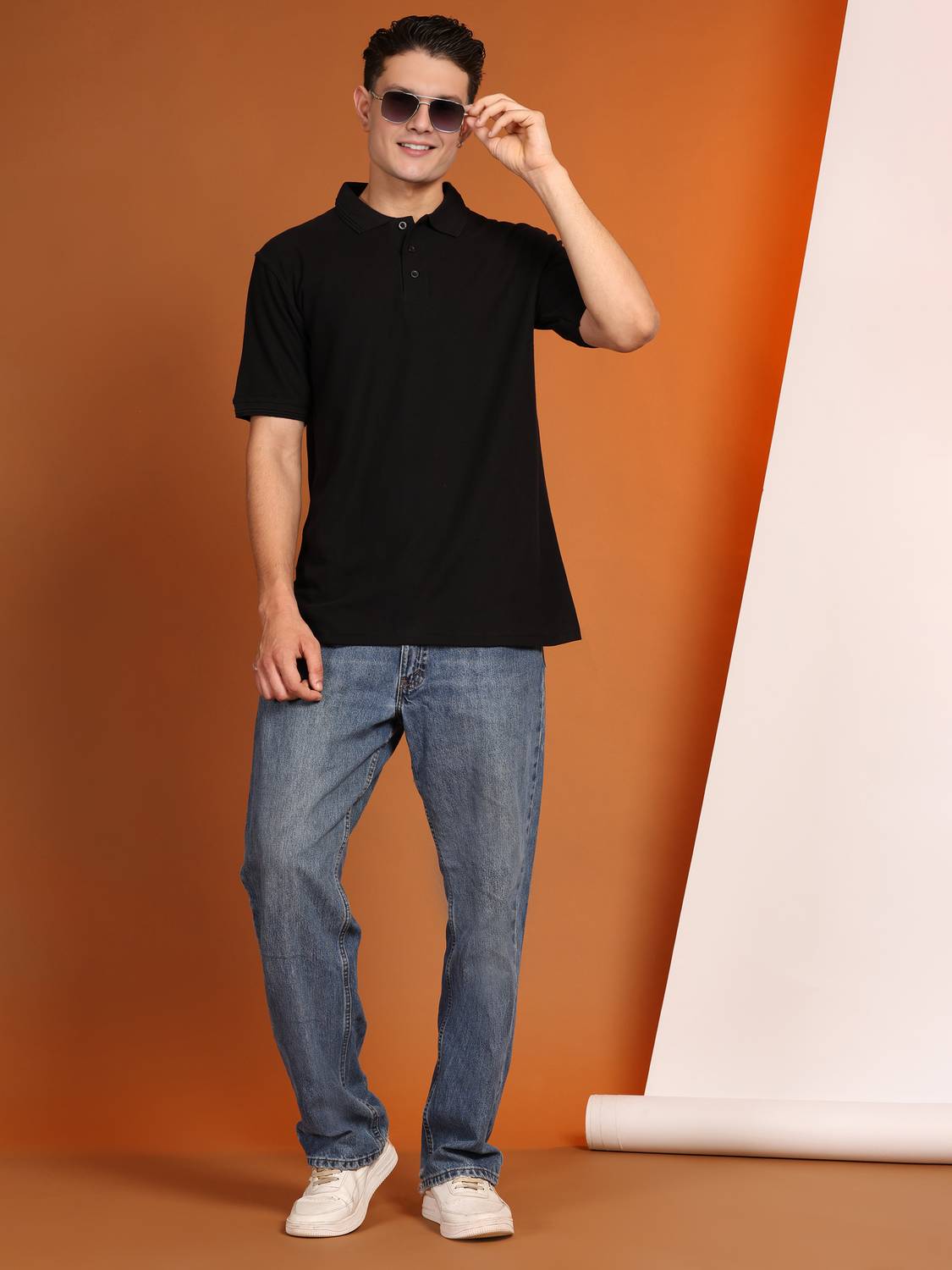 METRONAUT Solid Men Polo Neck Black T-Shirt - Image 3
