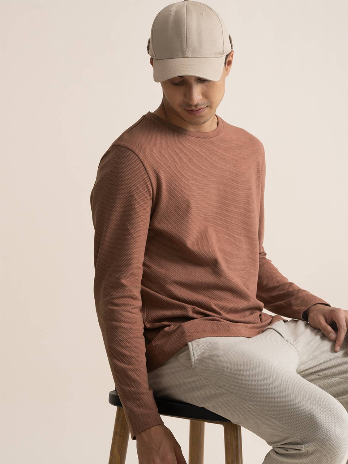 Damensch Men Self Design Round Neck Cotton Blend Brown T-Shirt