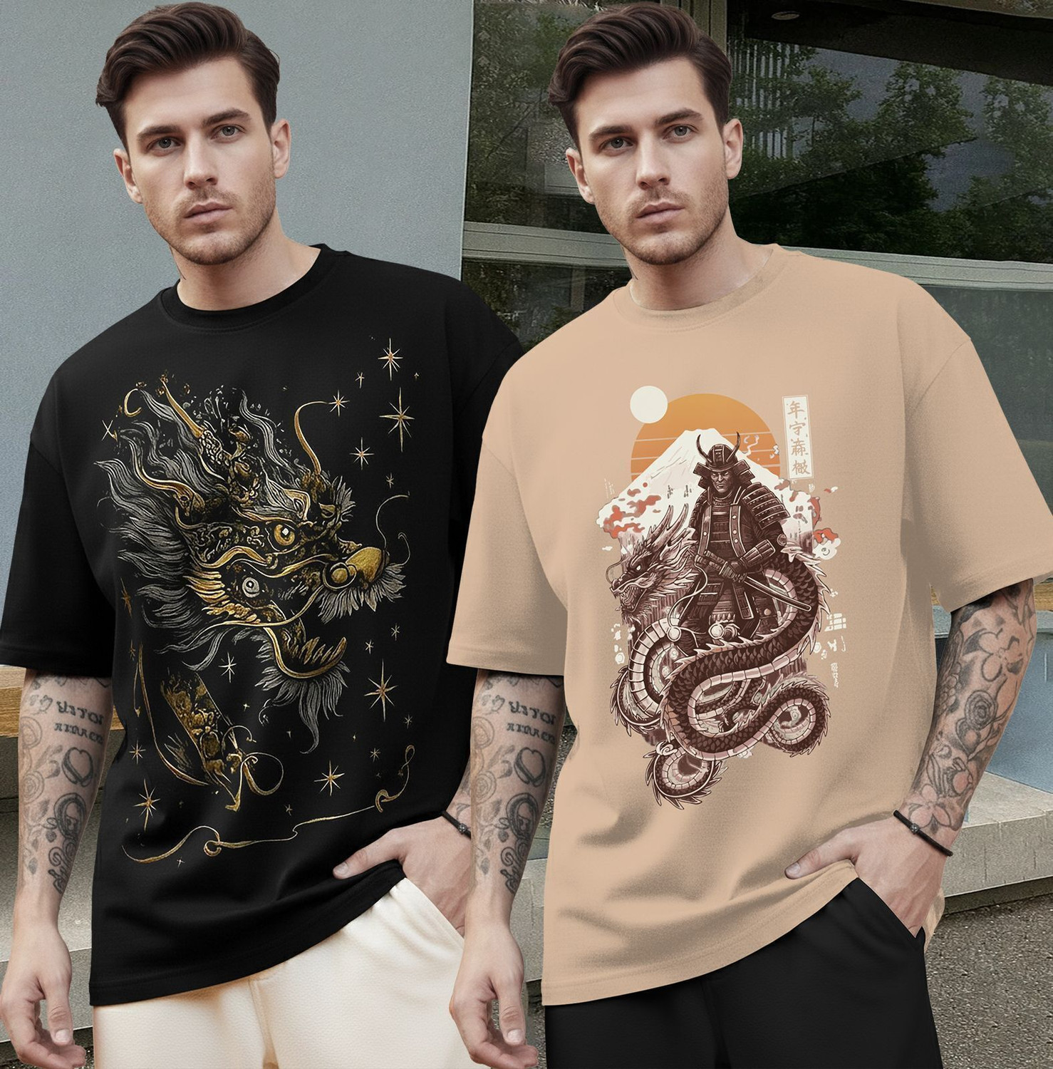Image of TRIPR Typography Men Round Neck Black, Beige T-Shirt