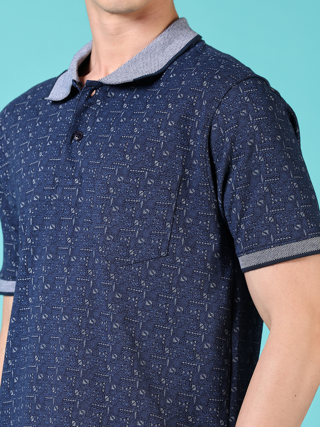 Image of V-MART Printed Men Polo Neck Blue T-Shirt