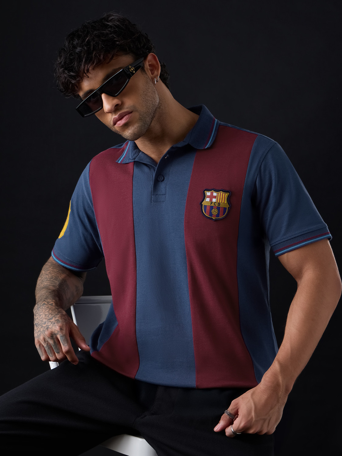Image of The Souled Store Colorblock Men Polo Neck Navy Blue, Maroon T-Shirt
