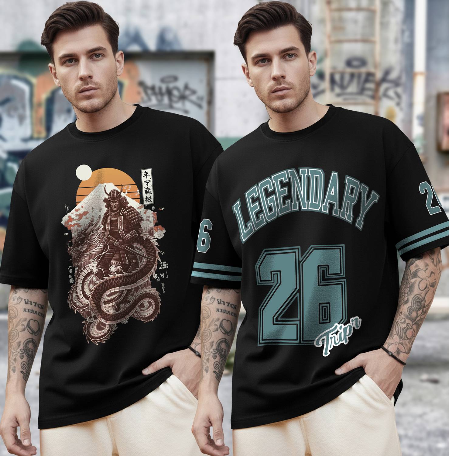 TRIPR Pack of 2 Men Graphic Print Round Neck Cotton Blend Black,