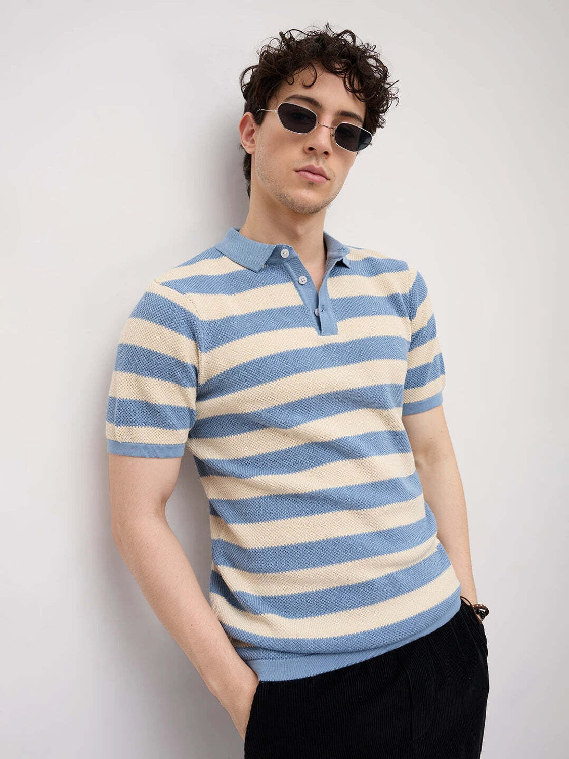 Image of VASTRADO Striped Men Polo Neck Blue T-Shirt