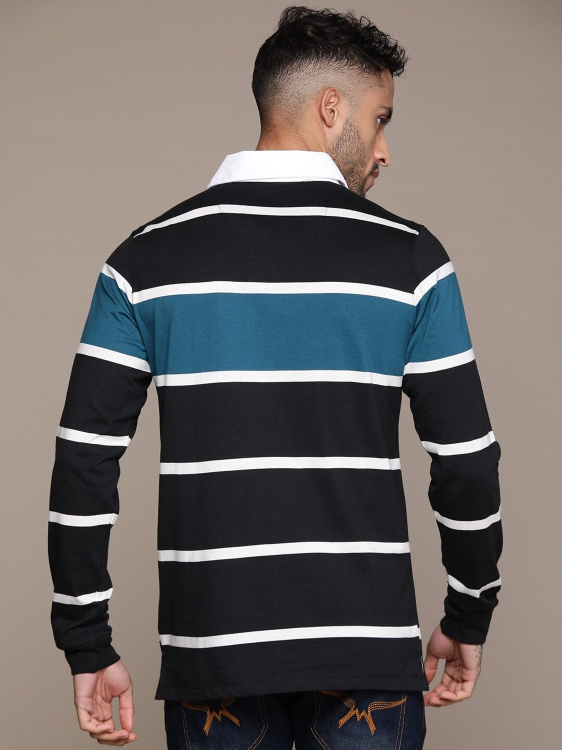 Image of Roadster Striped Men Polo Neck Blue T-Shirt