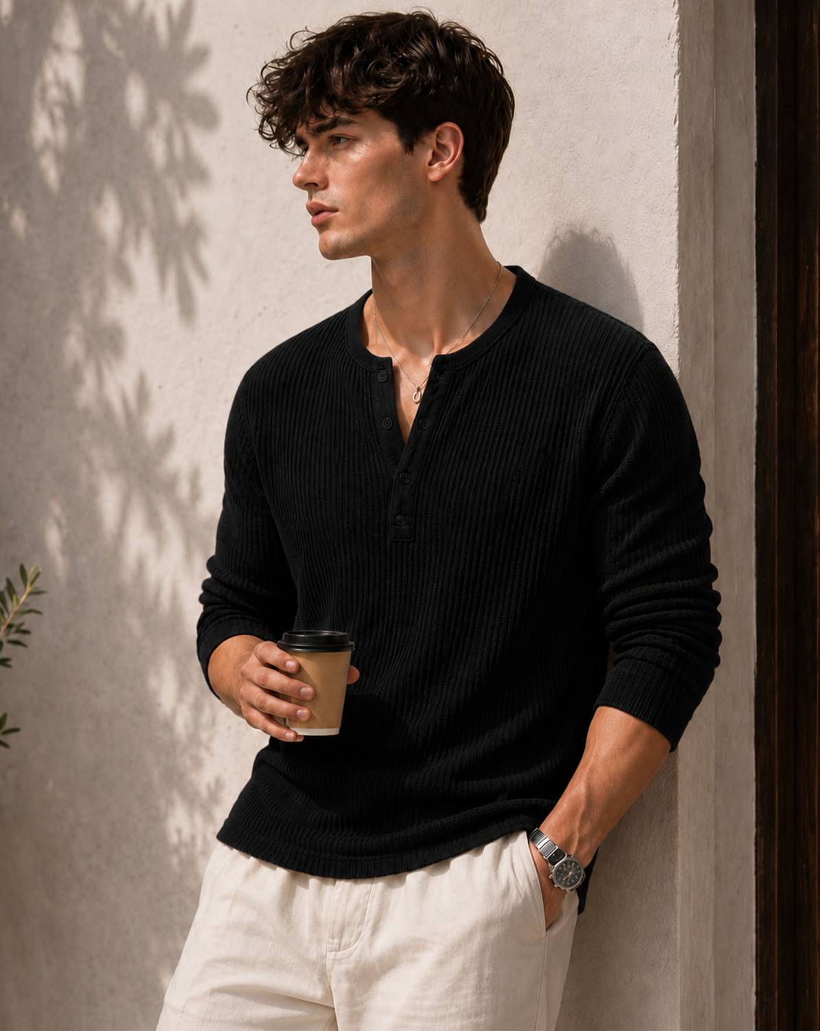 AUSK Solid Men Henley Neck Black T-Shirt - Image 1