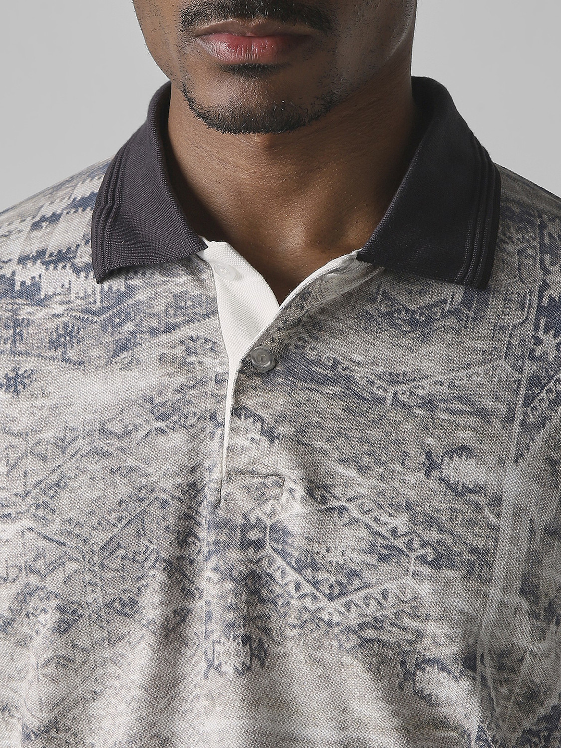 Image of MUFTI Printed Men Polo Neck Beige T-Shirt