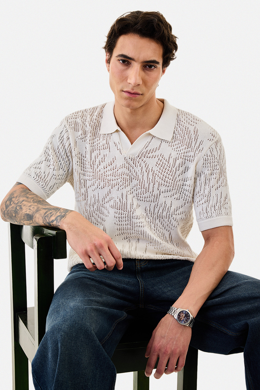 Image of Snitch Men Self Design Polo Neck Pure Cotton White T-Shirt
