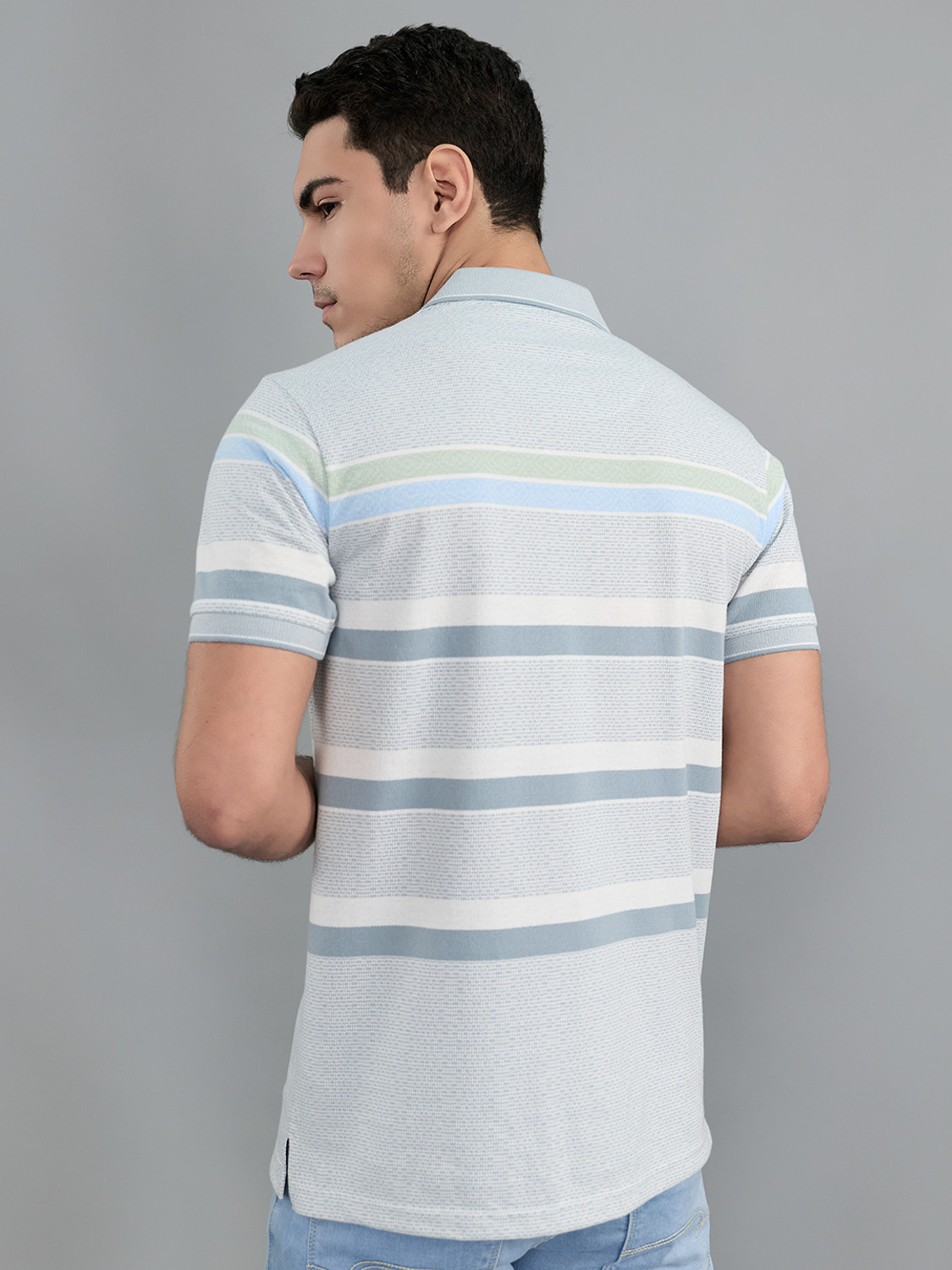 Image of MONTE CARLO Striped Men Polo Neck Grey T-Shirt