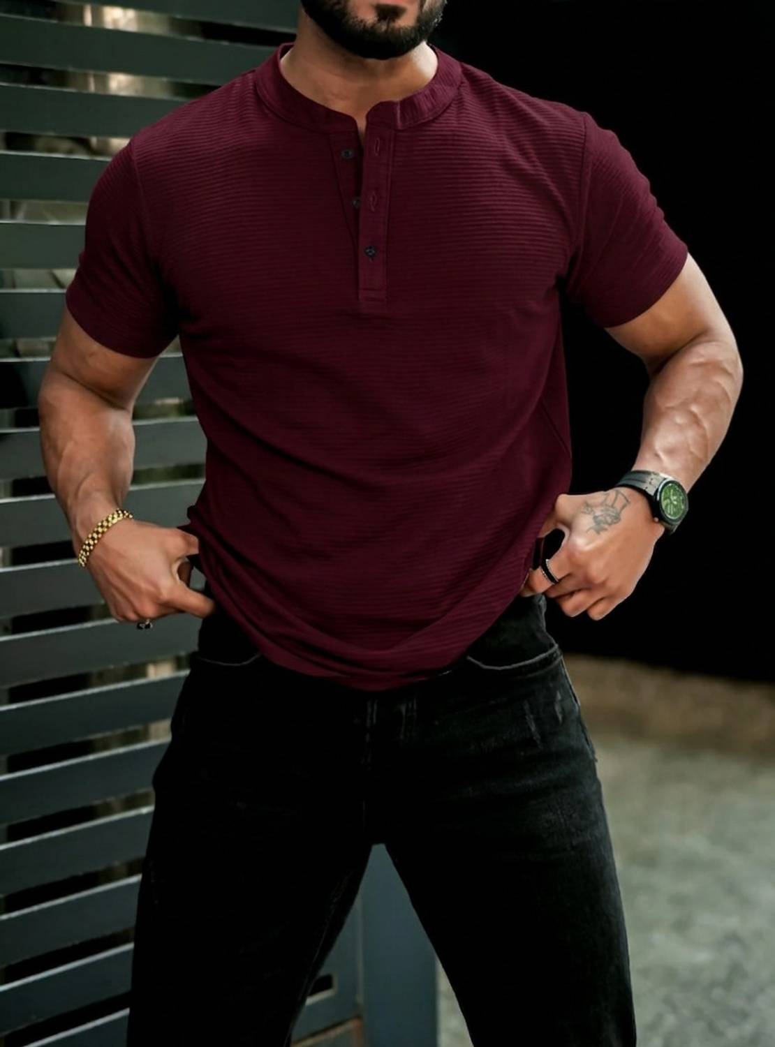 RABLY Men Henley Neck Maroon T-Shirt - Image 3