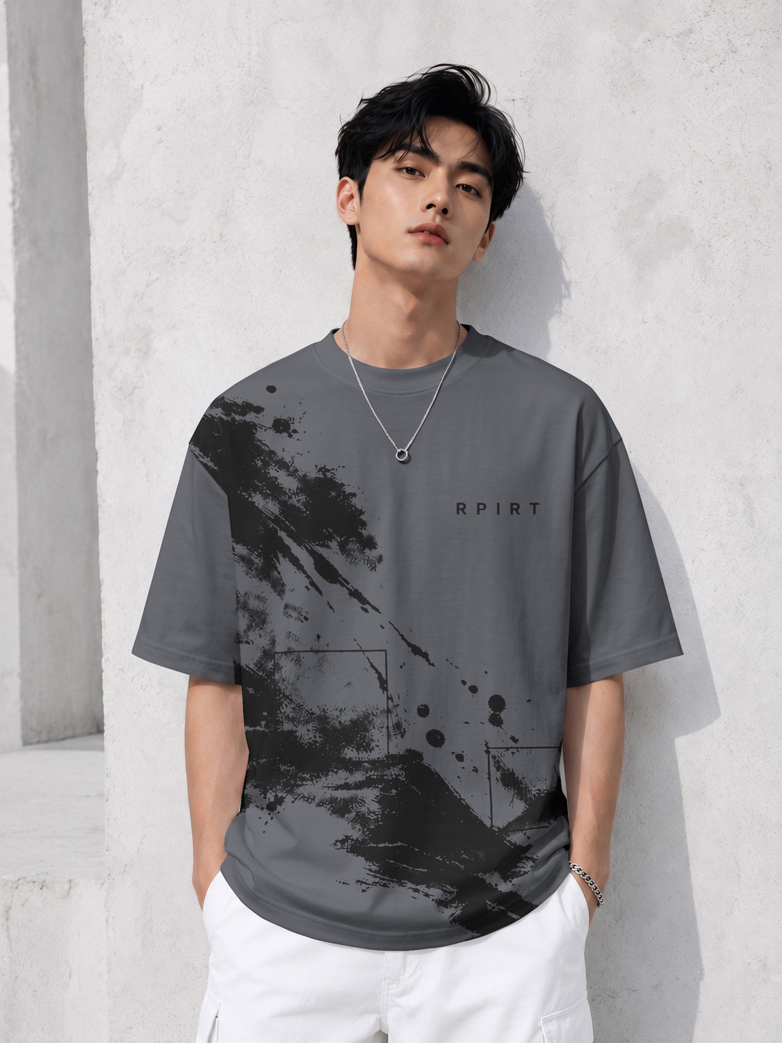 Image of RPIRT Men Printed Round Neck Cotton Blend Grey T-Shirt