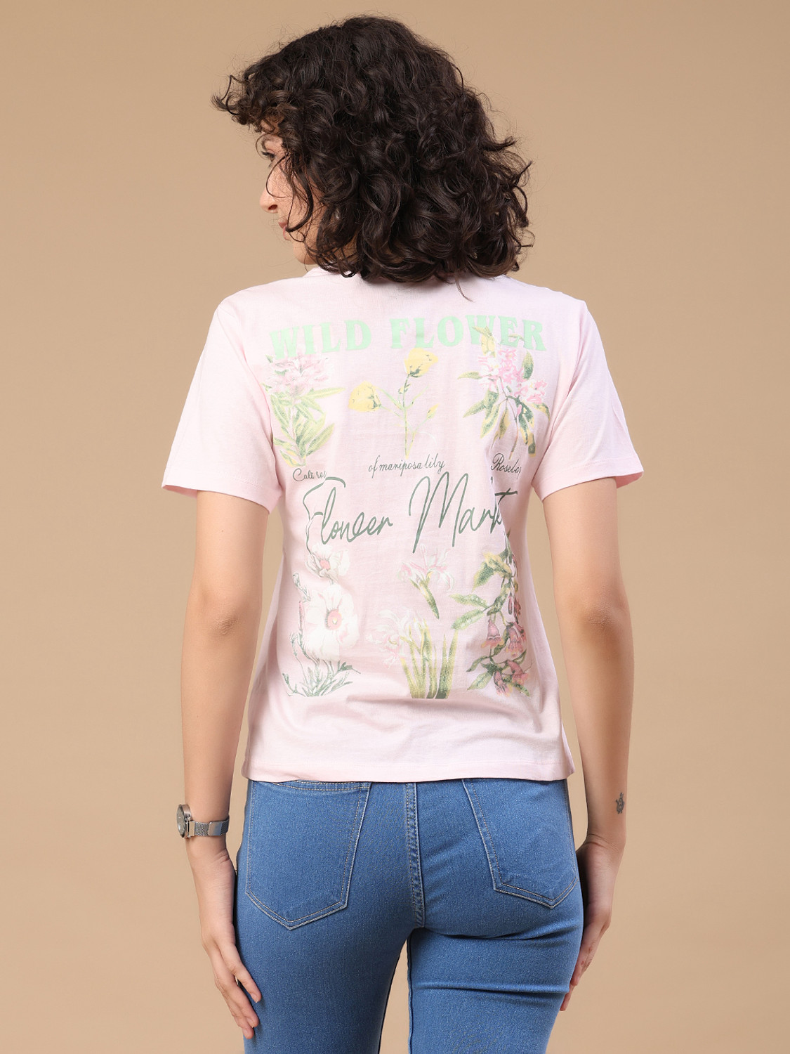 Image of V-MART Printed Women Round Neck Pink T-Shirt