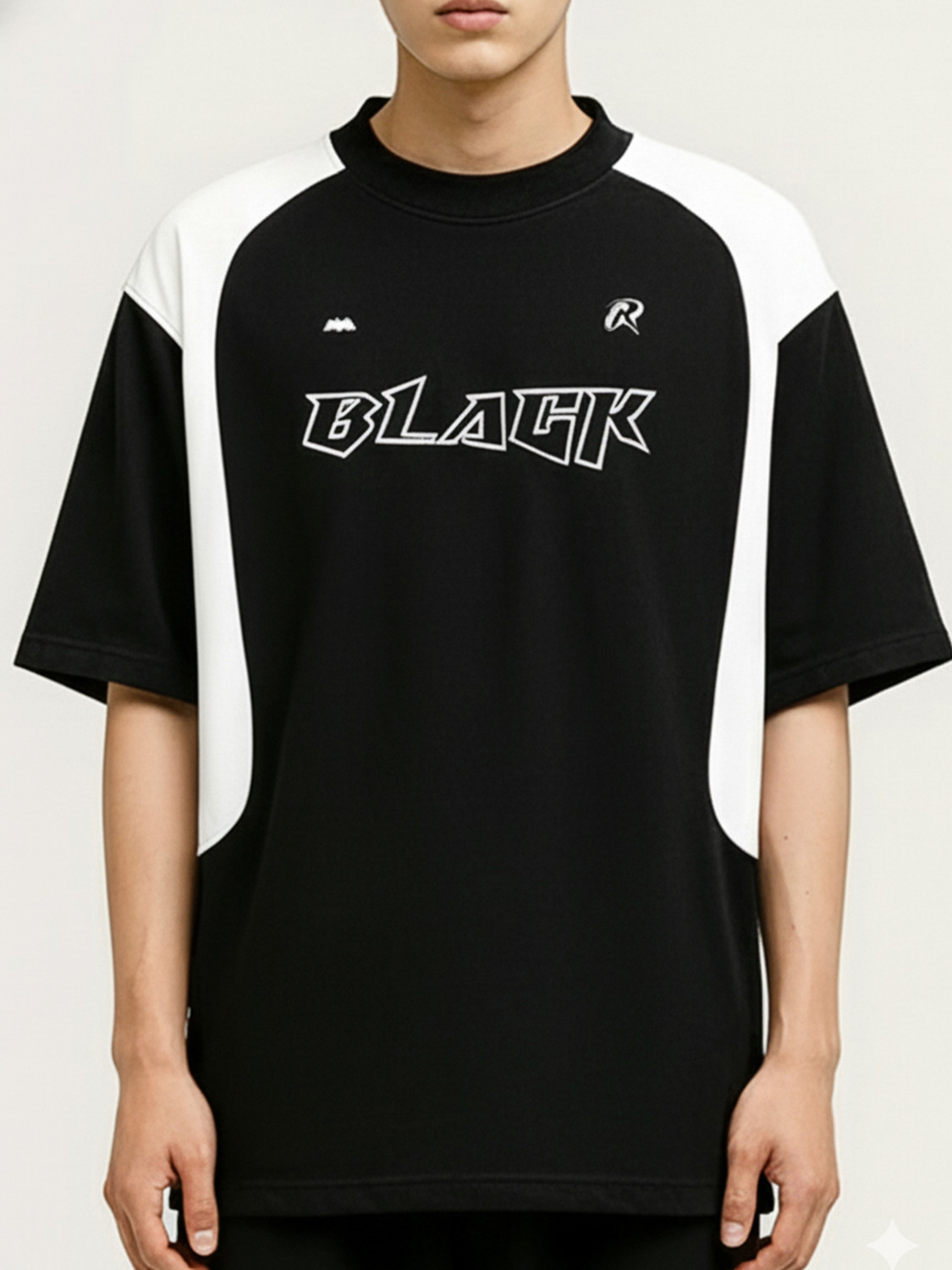 Image of Jump Cuts Colorblock Men Round Neck Black, White T-Shirt