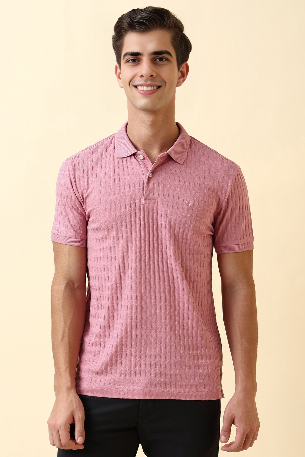 Image of Allen Solly Men Solid Polo Neck Pure Cotton Pink T-Shirt