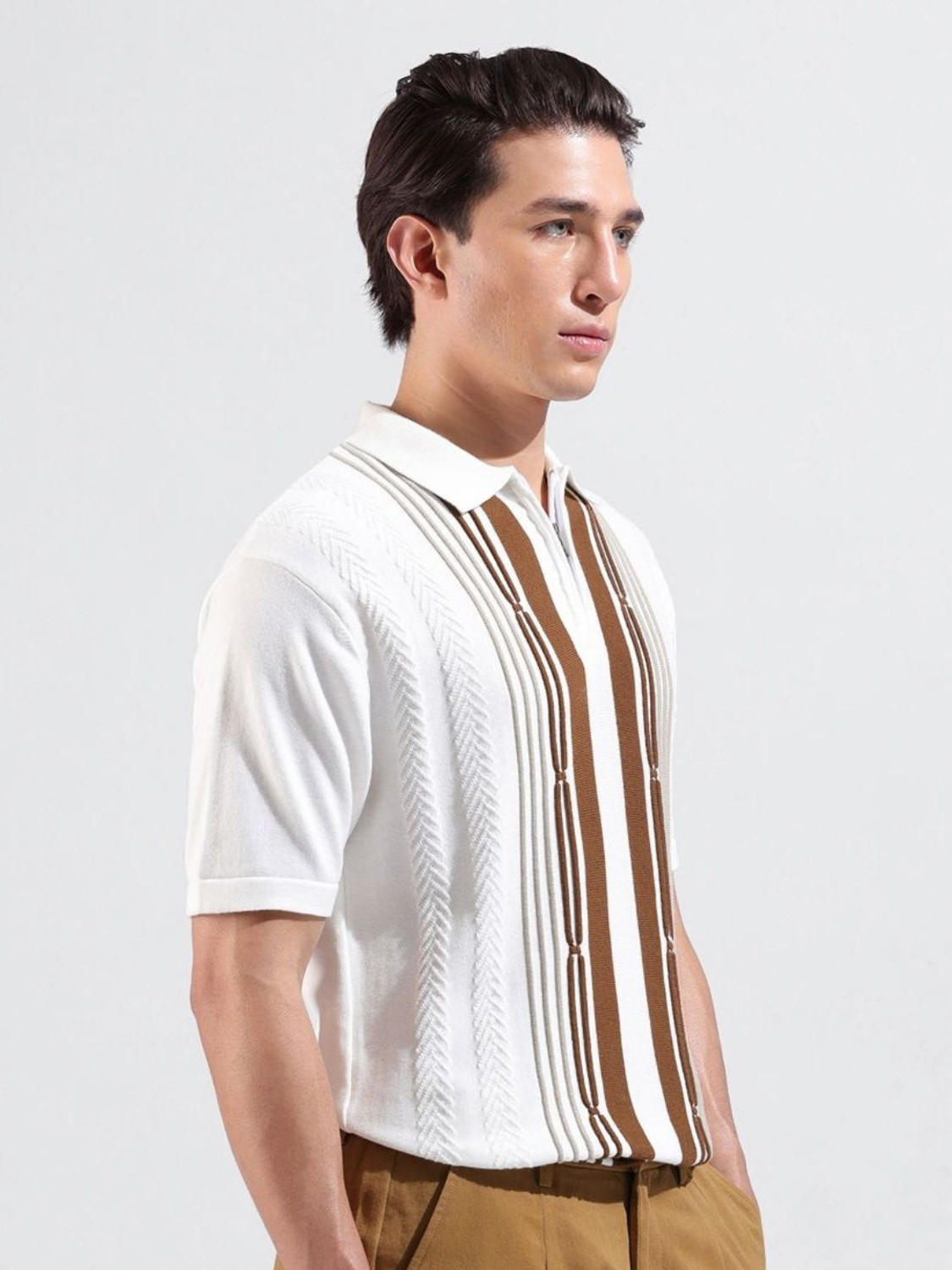 Image of The Indian Garage Co. Self Design Men Polo Neck White T-Shirt