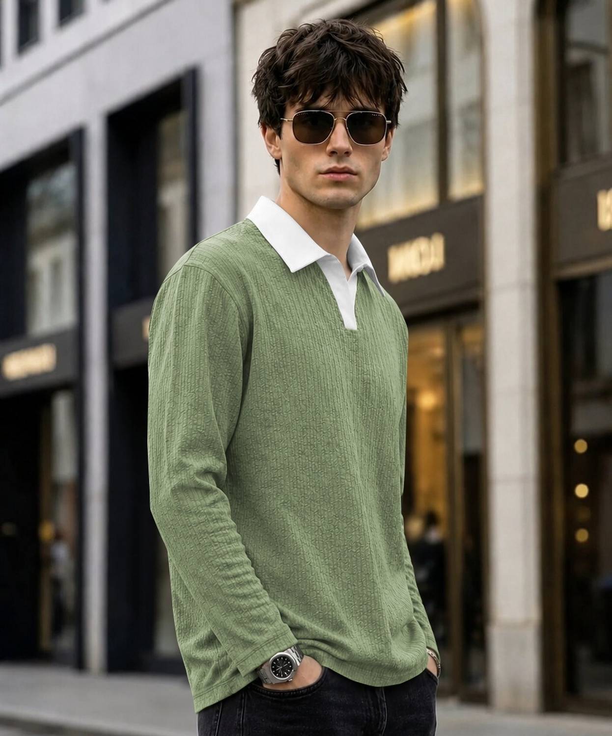 Men Self Design Polo Neck Polyester Green T-Shirt - Image 4