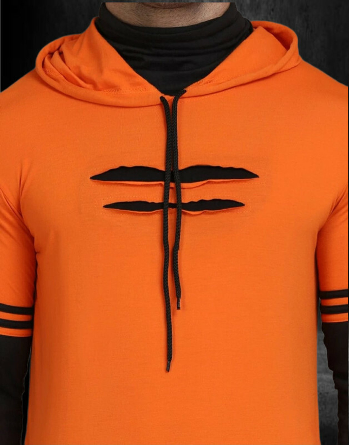 Image of Panda Bear Men Colorblock Hooded Neck Cotton Blend Orange T-Shirt