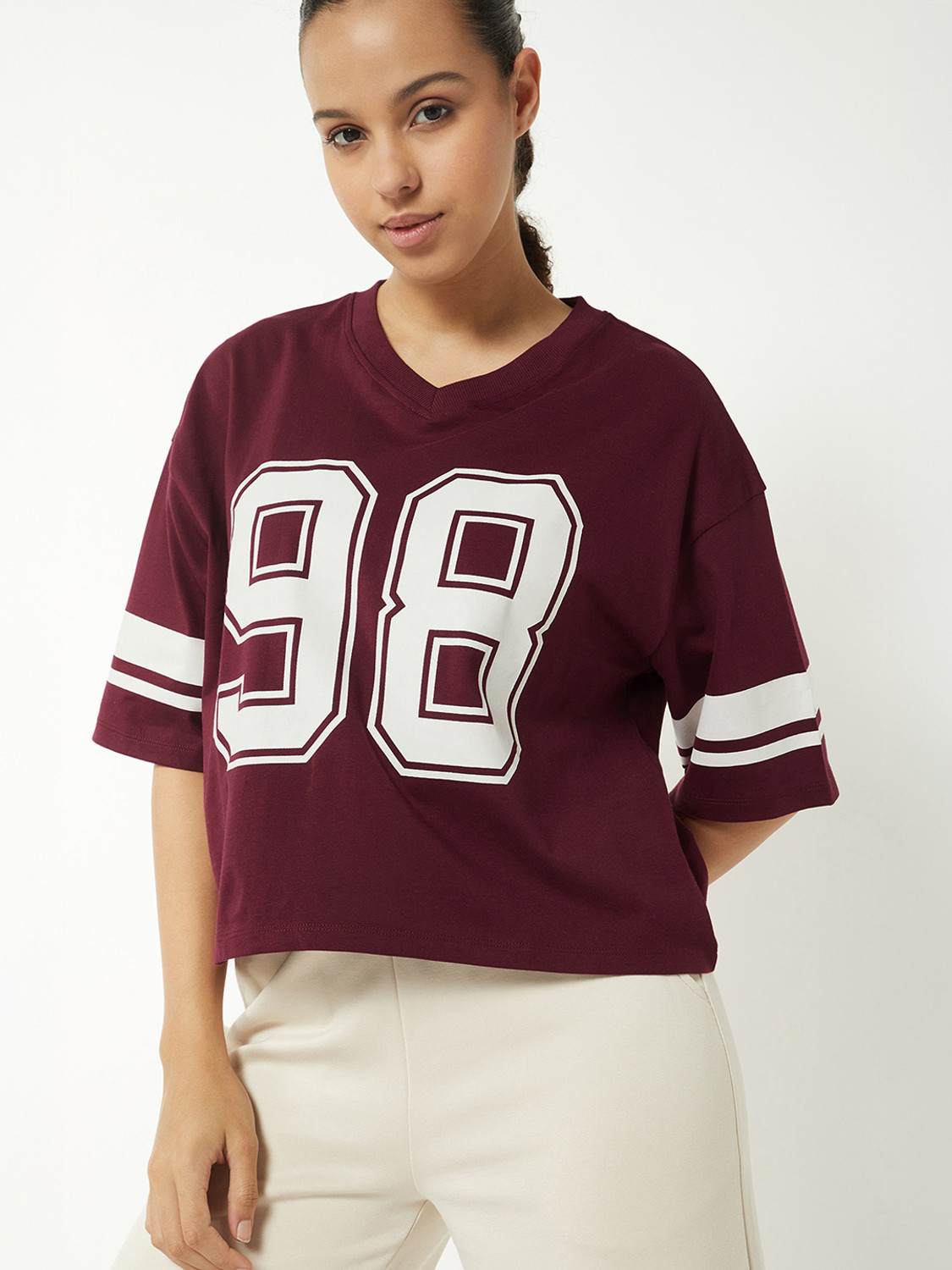 Image of MAX Printed Women Round Neck Purple T-Shirt