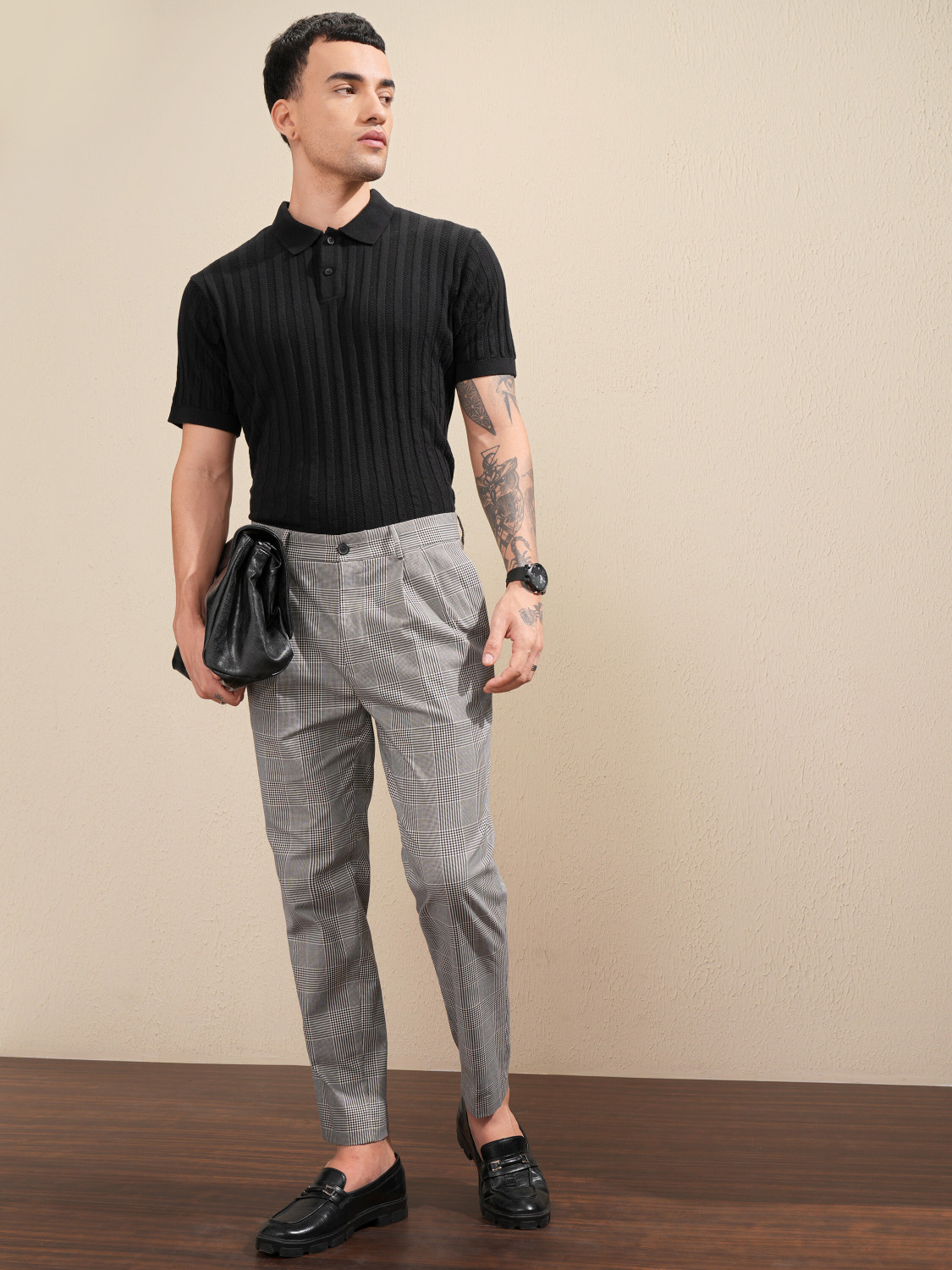 Image of HIGHLANDER Self Design Men Polo Neck Black T-Shirt