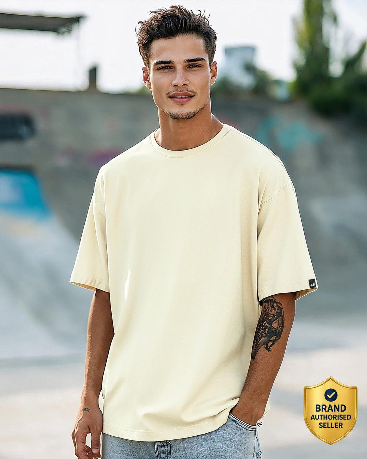 Image of BEWAKOOF Solid Men Round Neck Beige T-Shirt