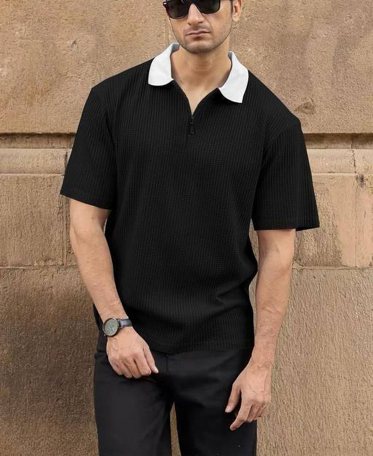 Rufica Self Design Men Zip Neck Black T-Shirt