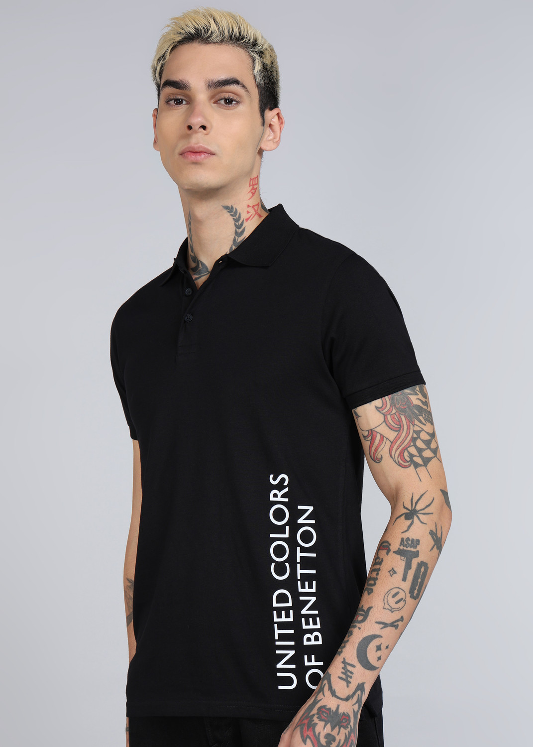 Image of United Colors of Benetton Printed Men Polo Neck Black T-Shirt
