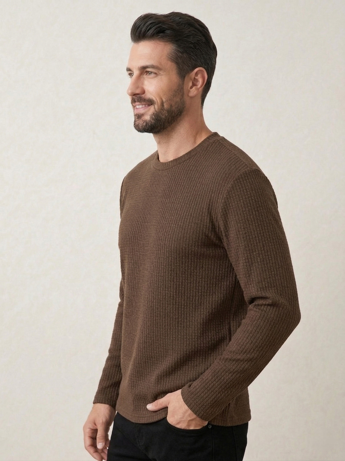 Image of ASAYATIFAB Self Design Men Round Neck Brown T-Shirt
