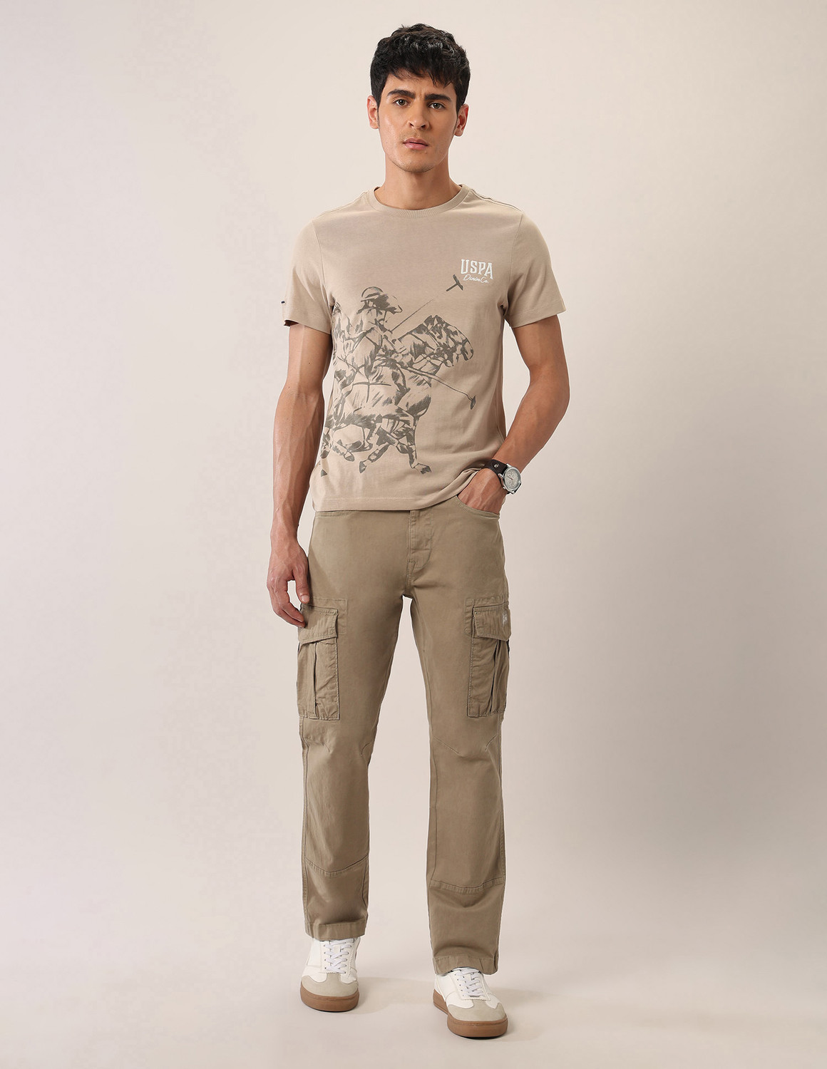 Image of U.S. Polo Assn. Denim Co. Men Printed Crew Neck Pure Cotton Beige T-Shirt