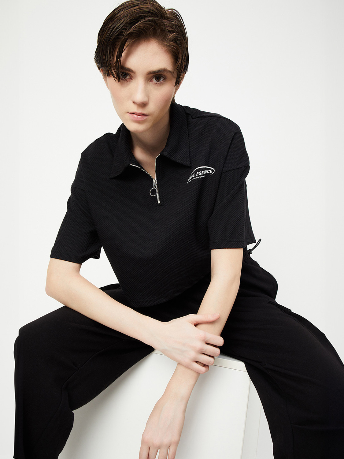 Image of MAX Printed Women Polo Neck Black T-Shirt