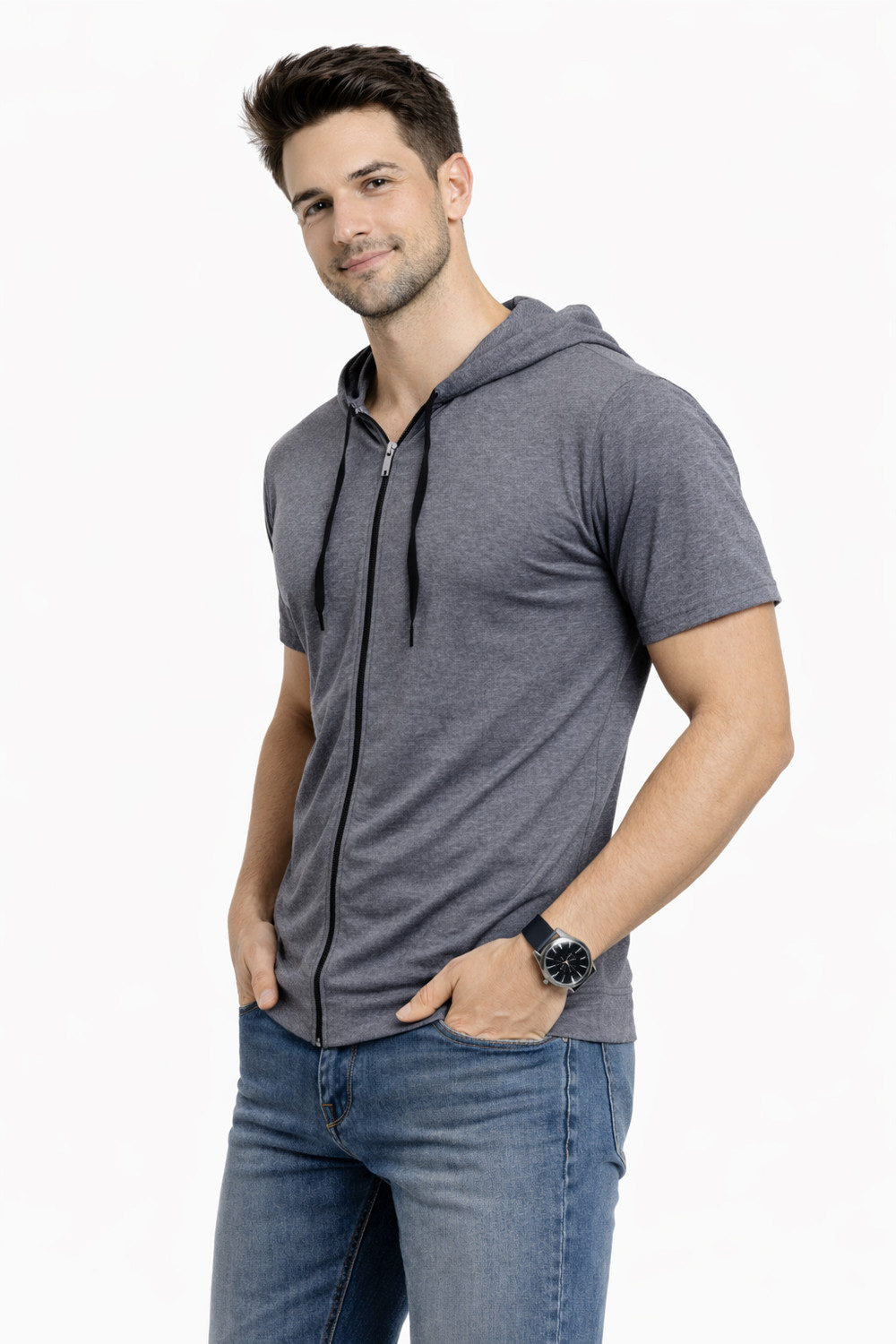 Image of Blisstone Solid Men Hooded Neck Grey T-Shirt
