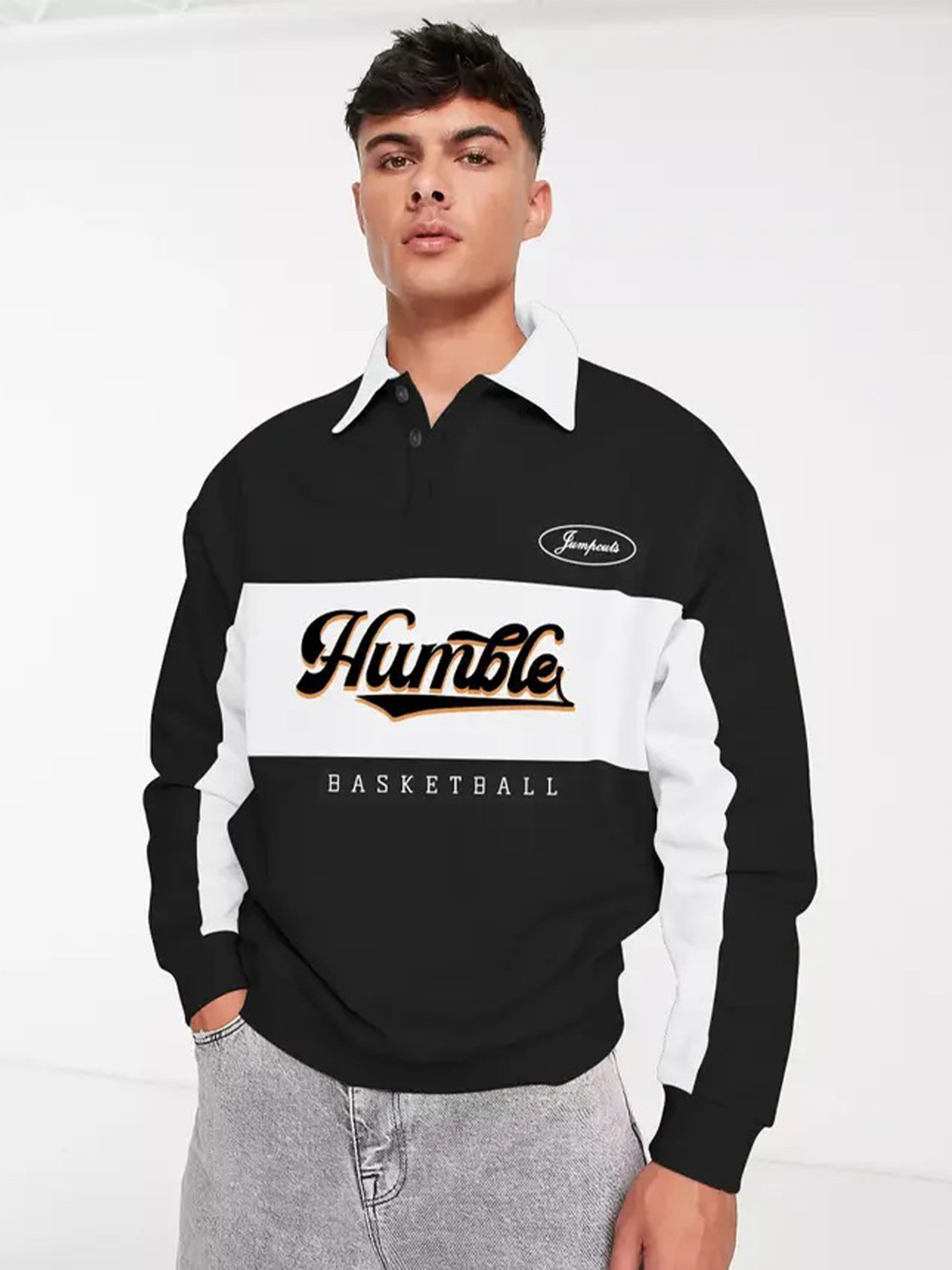 Image of Jump Cuts Printed Men Polo Neck Black T-Shirt