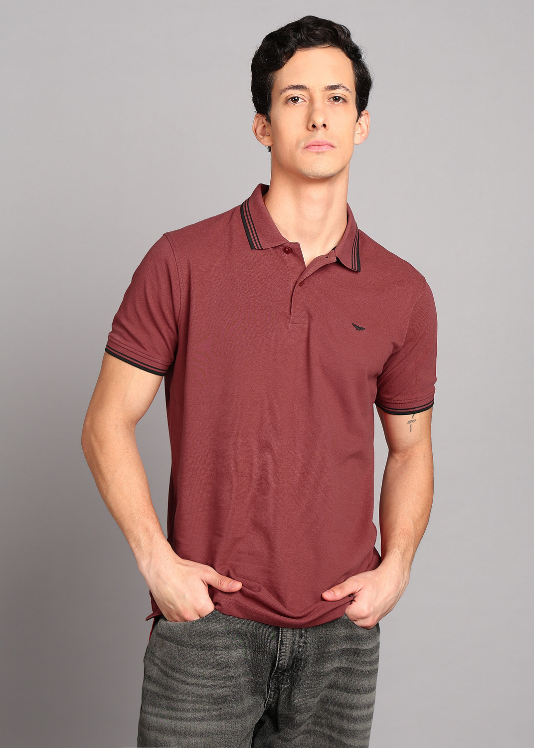 Image of PARK AVENUE Men Striped Polo Neck Pure Cotton Red T-Shirt
