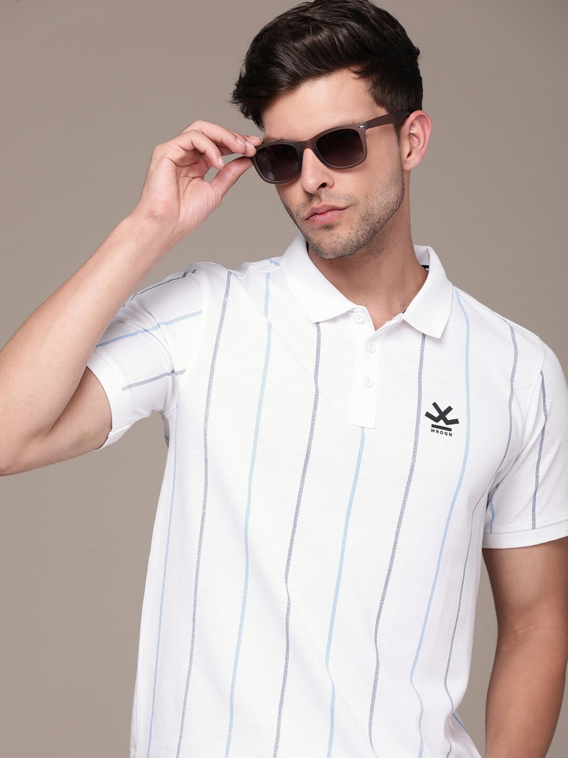 Image of WROGN Striped Men Polo Neck White T-Shirt