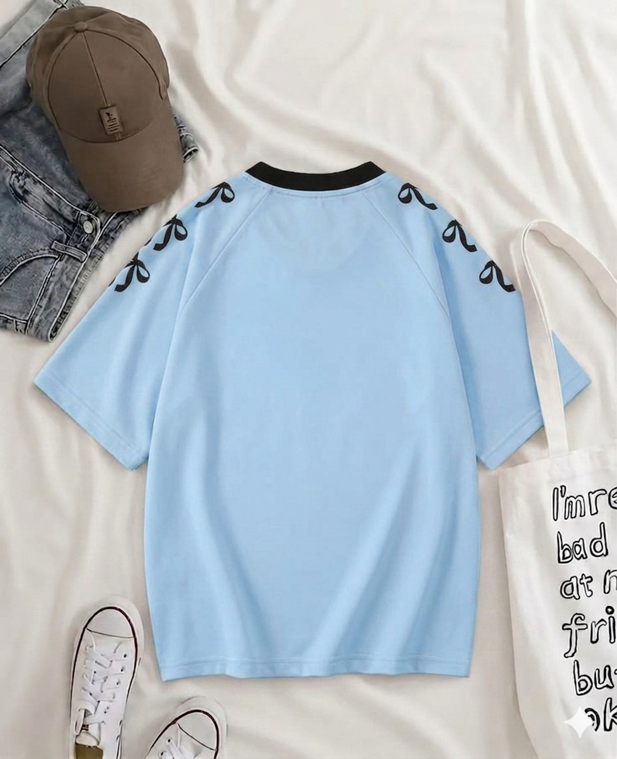 Image of ENGLISHPREMIUM Printed Women V Neck Blue T-Shirt