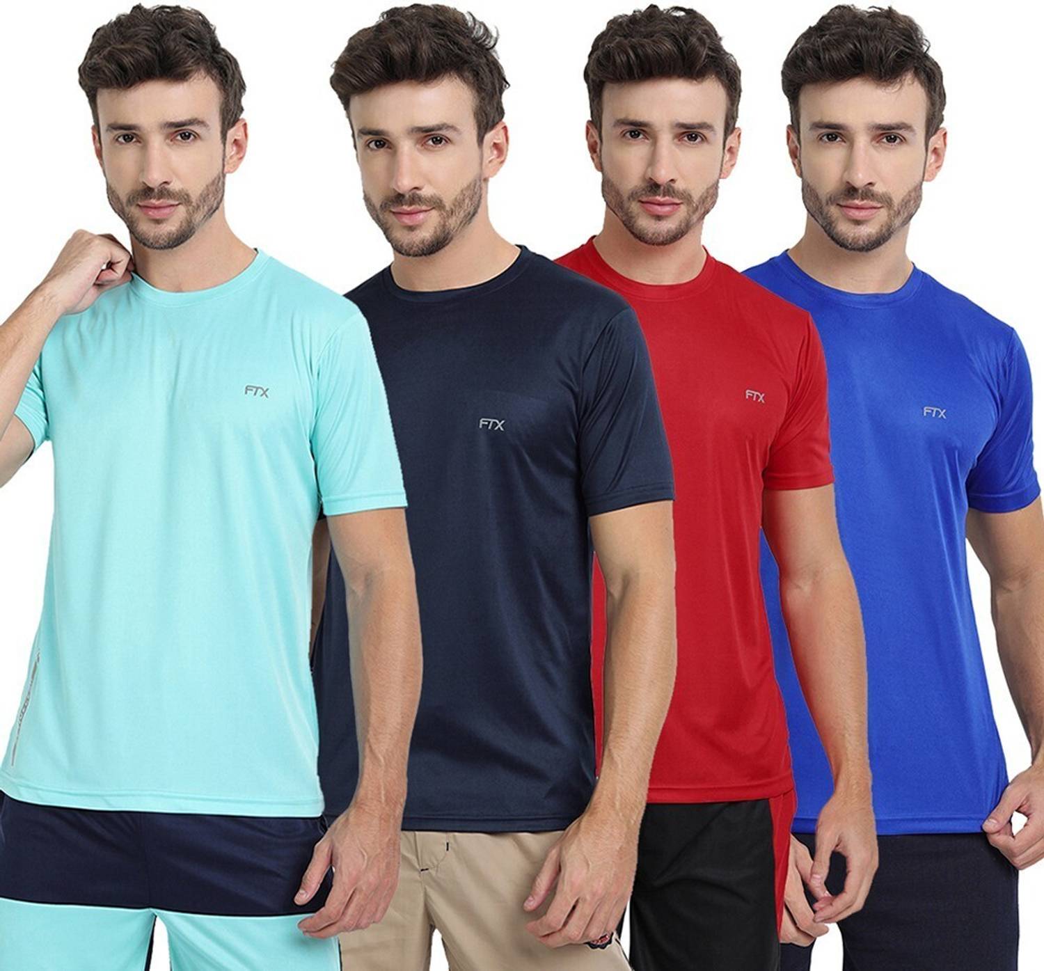 FTX Pack of 4 Men Solid Round Neck Polyester Dark Blue, Light Blu