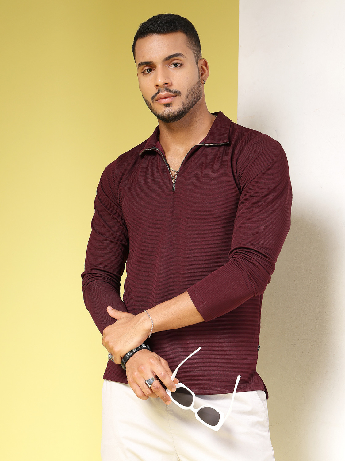 Image of RIGO Solid Men High Neck Red T-Shirt