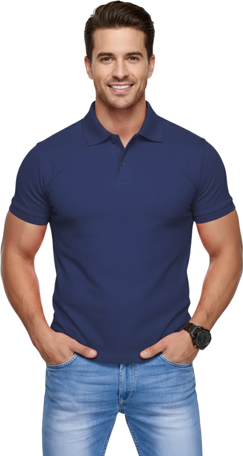 Image of METRONAUT Solid Men Polo Neck Dark Blue T-Shirt