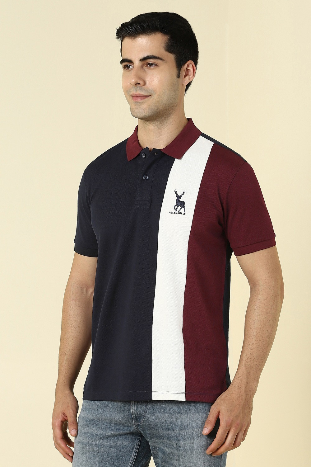 Image of Allen Solly Colorblock Men Polo Neck Dark Blue T-Shirt