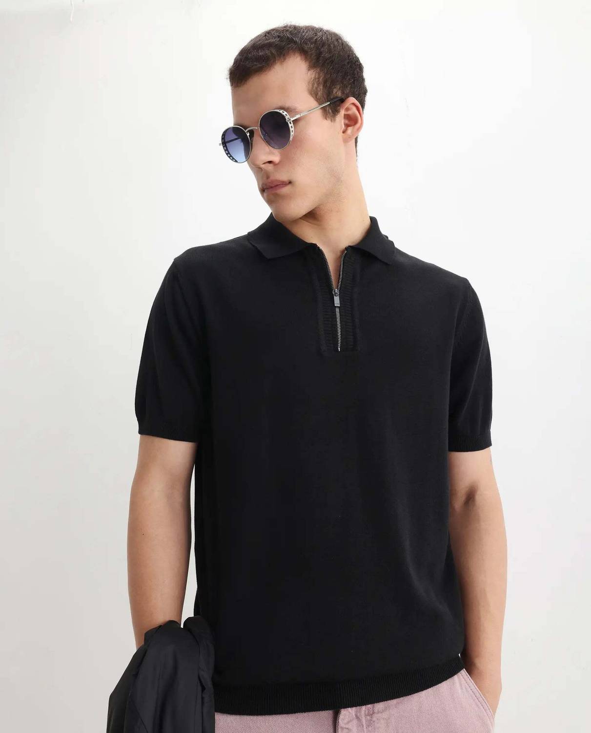 RARE RABBIT Men Solid Zip Neck Pure Cotton Black T-Shirt