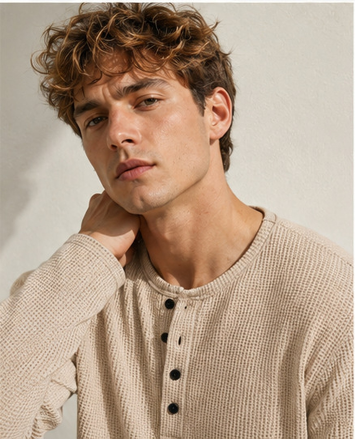 Image of NOOK Self Design Men Henley Neck Beige T-Shirt