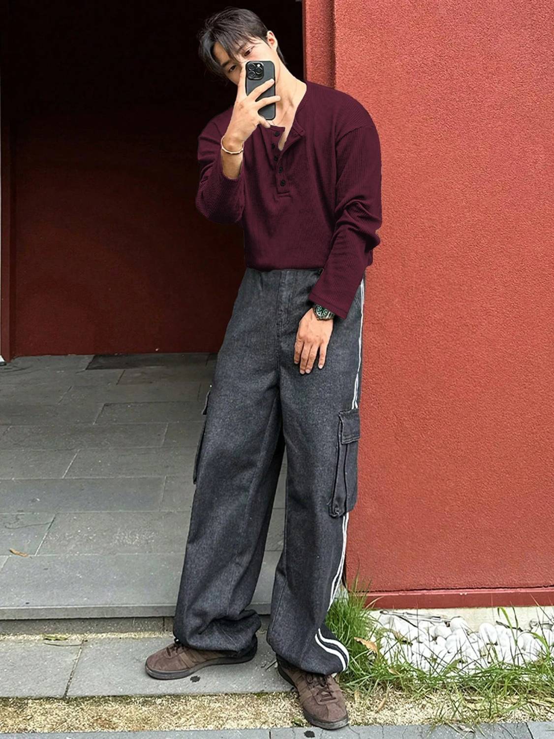 NOOK Men Mandarin Collar Maroon T-Shirt - Image 2