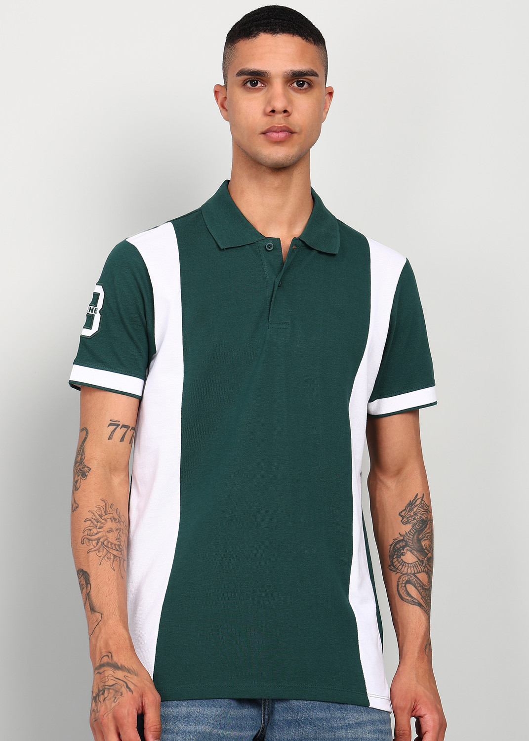 Image of KILLER Colorblock Men Polo Neck Green T-Shirt