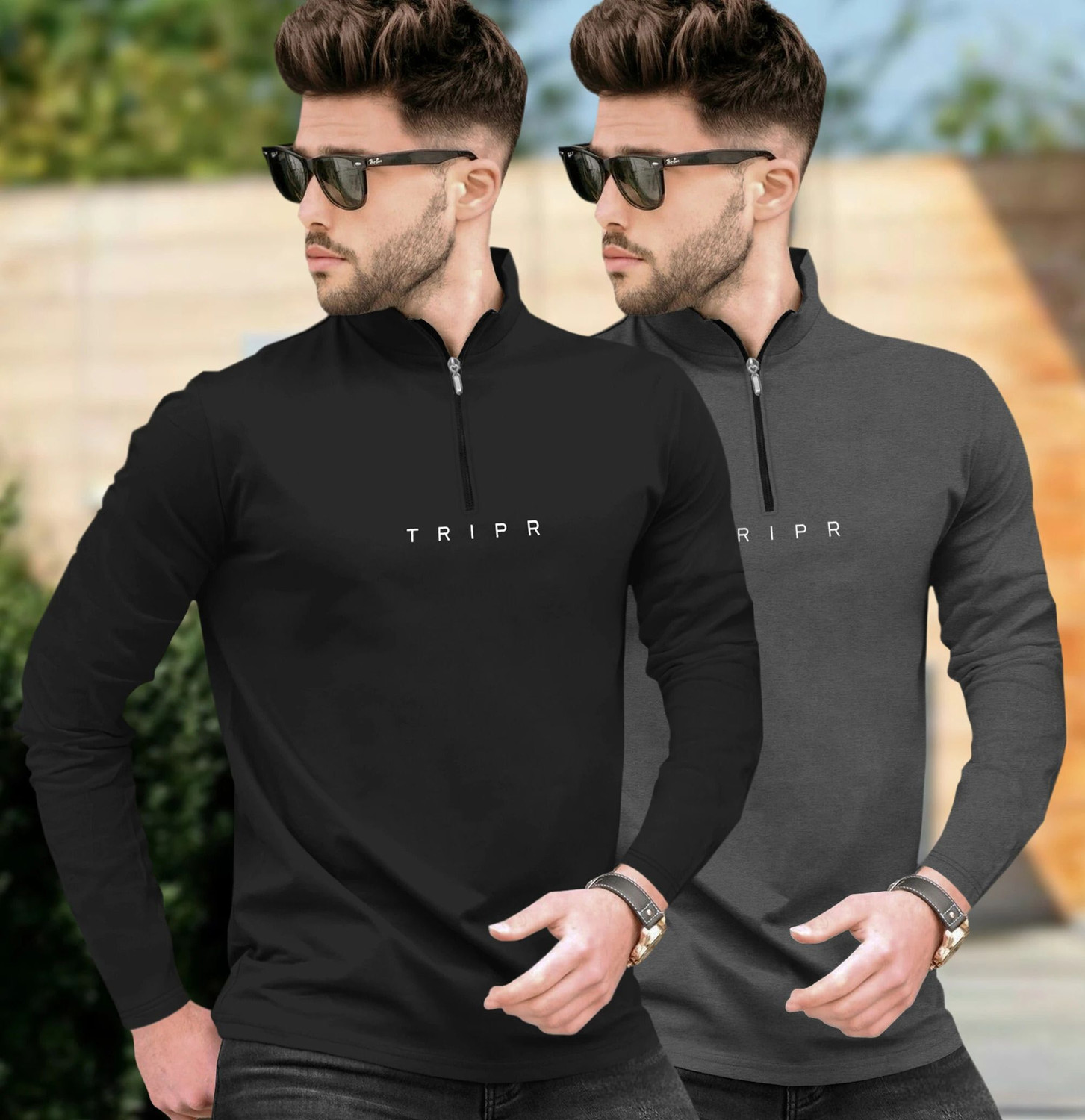 Image of TRIPR Printed Men Henley Neck Black, Grey T-Shirt