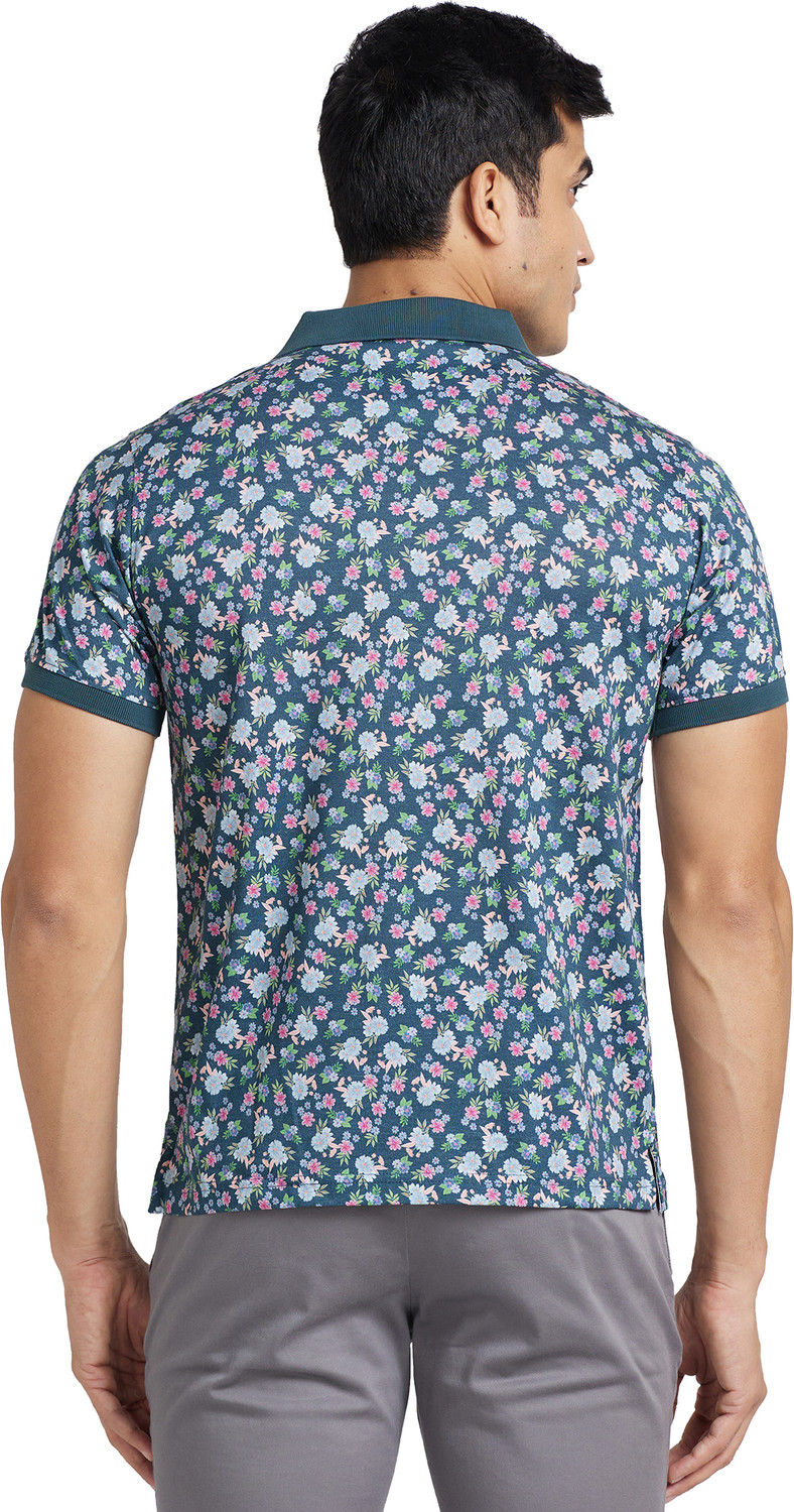 Image of Raymond Printed Men Polo Neck Blue T-Shirt