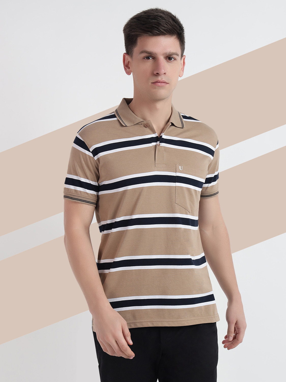 Image of UNIBERRY Striped Men Polo Neck Beige T-Shirt