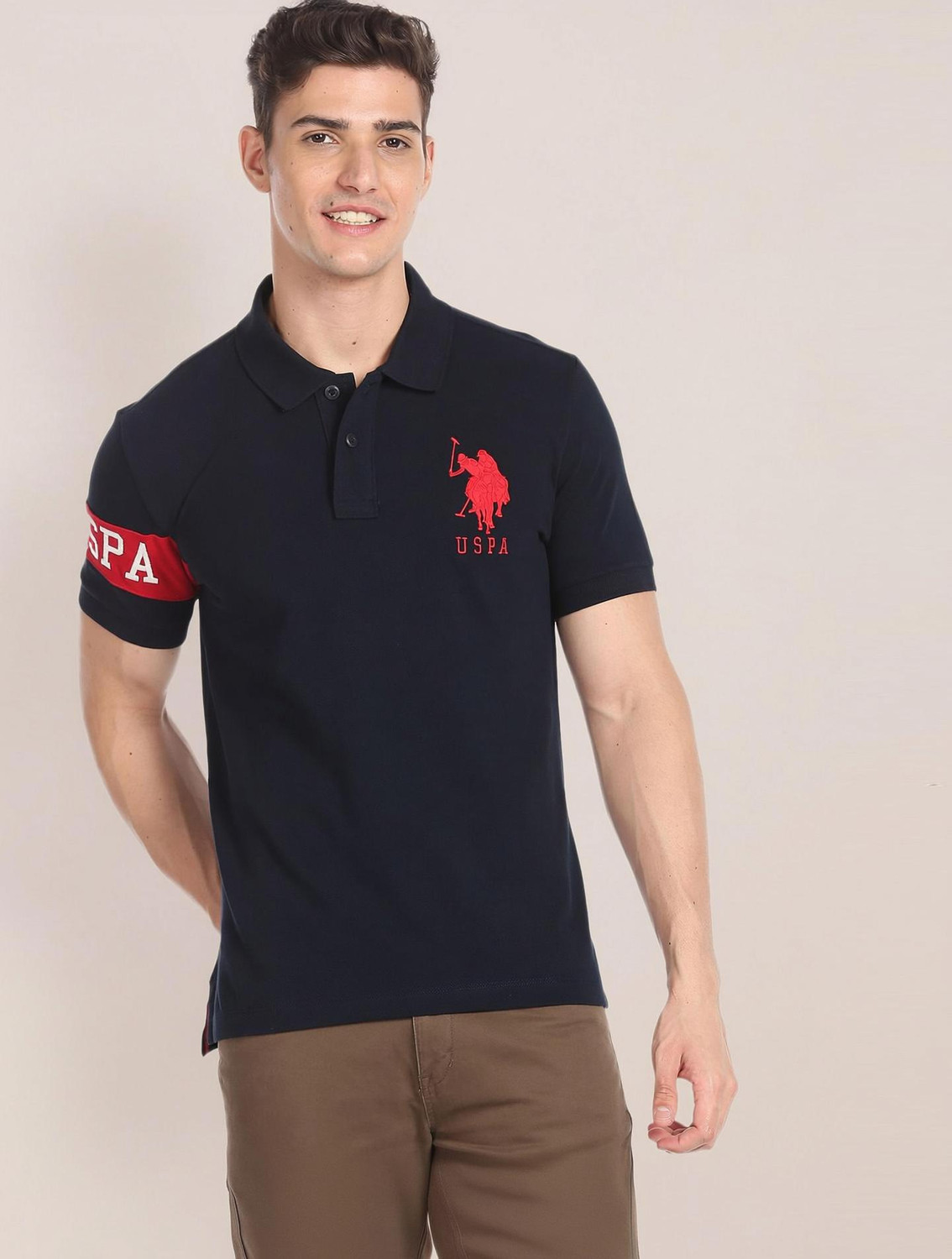 Image of U.S. POLO ASSN. Solid Men Polo Neck Blue T-Shirt
