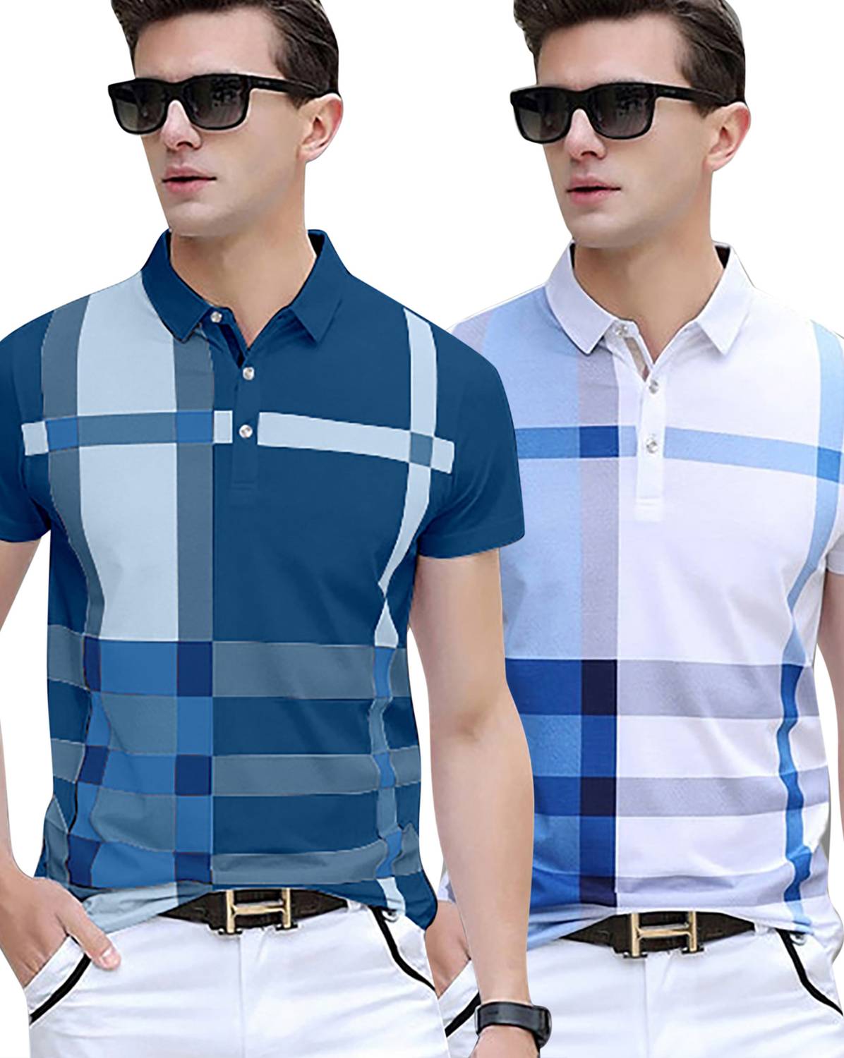AUSK Pack of 2 Men Striped Polo Neck Cotton Blend Dark Blue, Mult