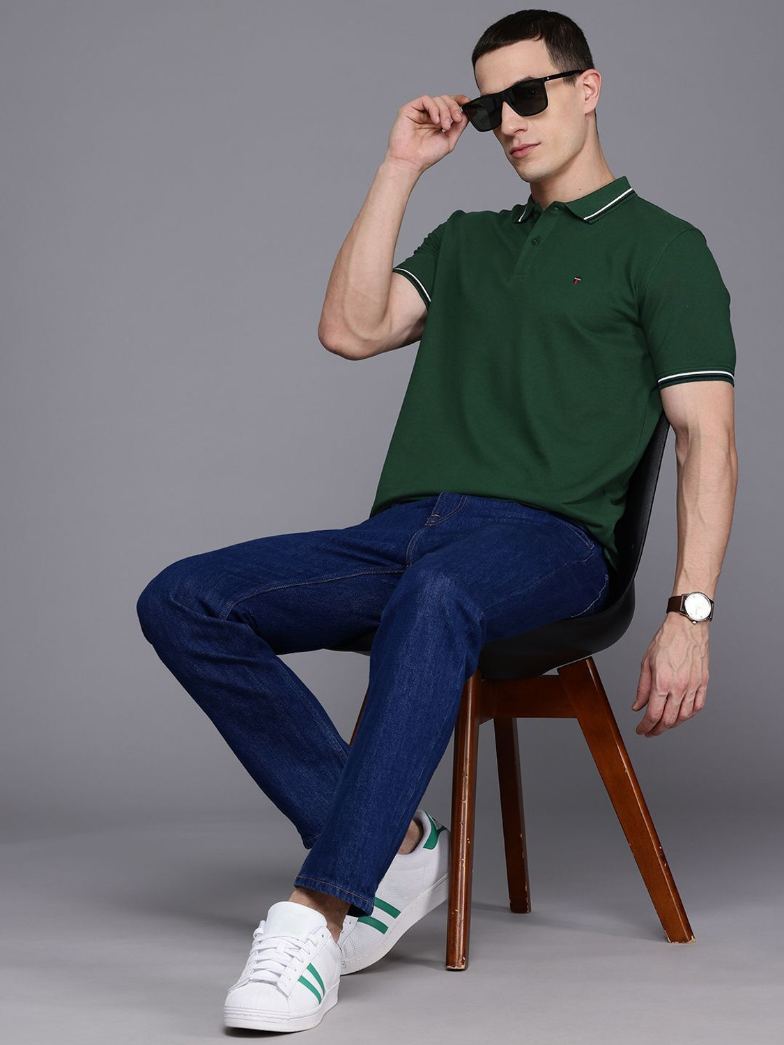 Image of Louis Philippe Sport Solid Men Polo Neck Dark Green T-Shirt