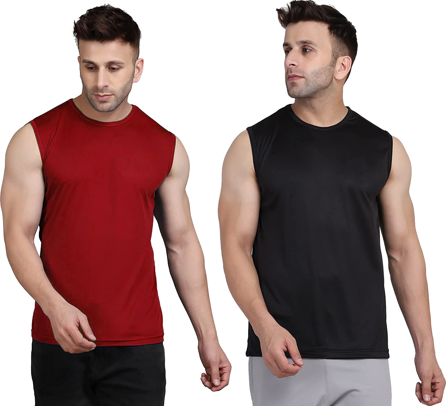 Image of UDI n ADI Solid Men Round Neck Maroon, Black T-Shirt