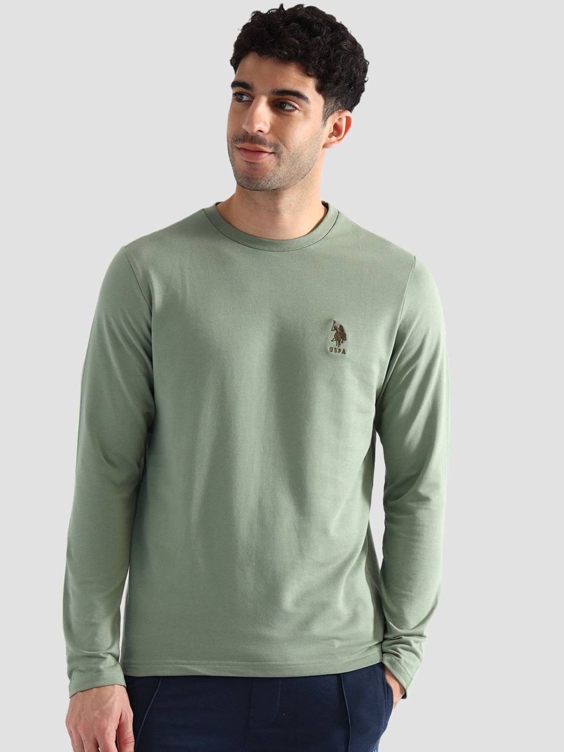 U.S. POLO ASSN. Men Solid Crew Neck Pure Cotton Green T-Shirt